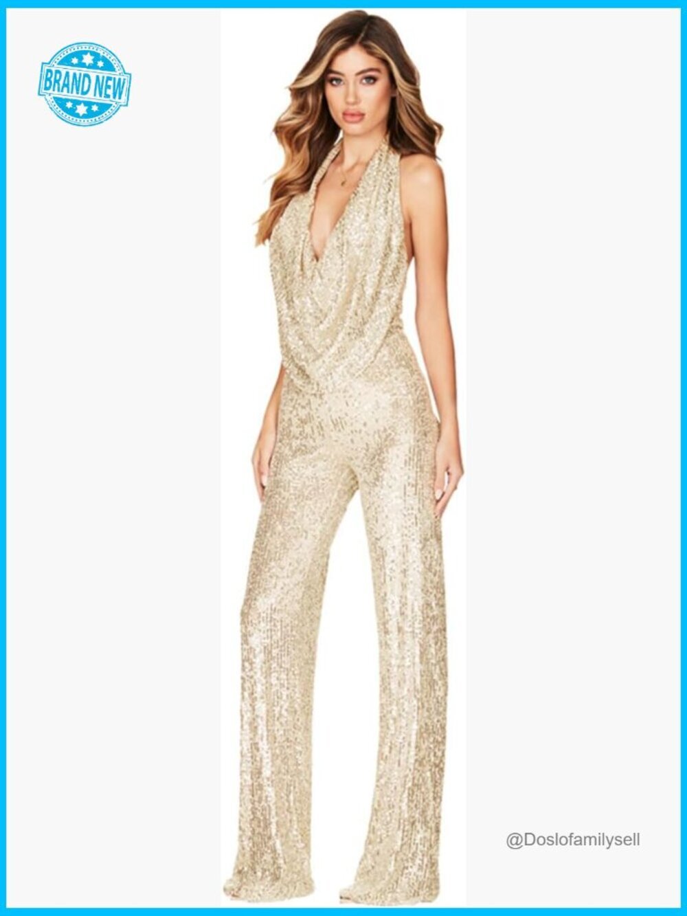 Sequin Jumpsuit Halter Cowl Neck Backless Romper Shiny Wide Leg Sleek Party